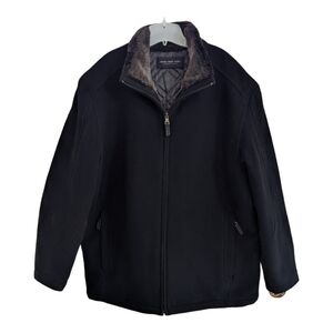 Marc New York black wool/cashmere w/ brown faux fur collar car coat Size XL EUC